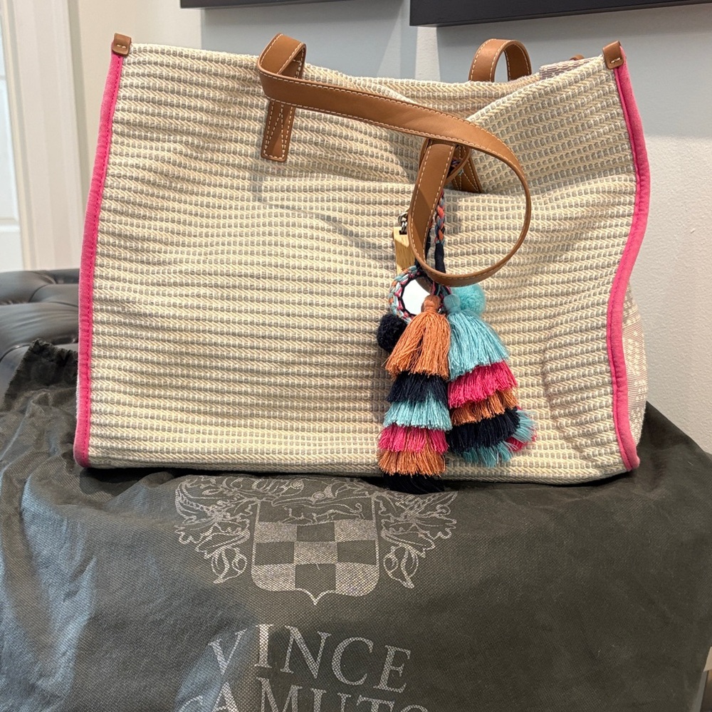 Vince Camuto Tan and Pink Travel Bag with Colorful Tassel